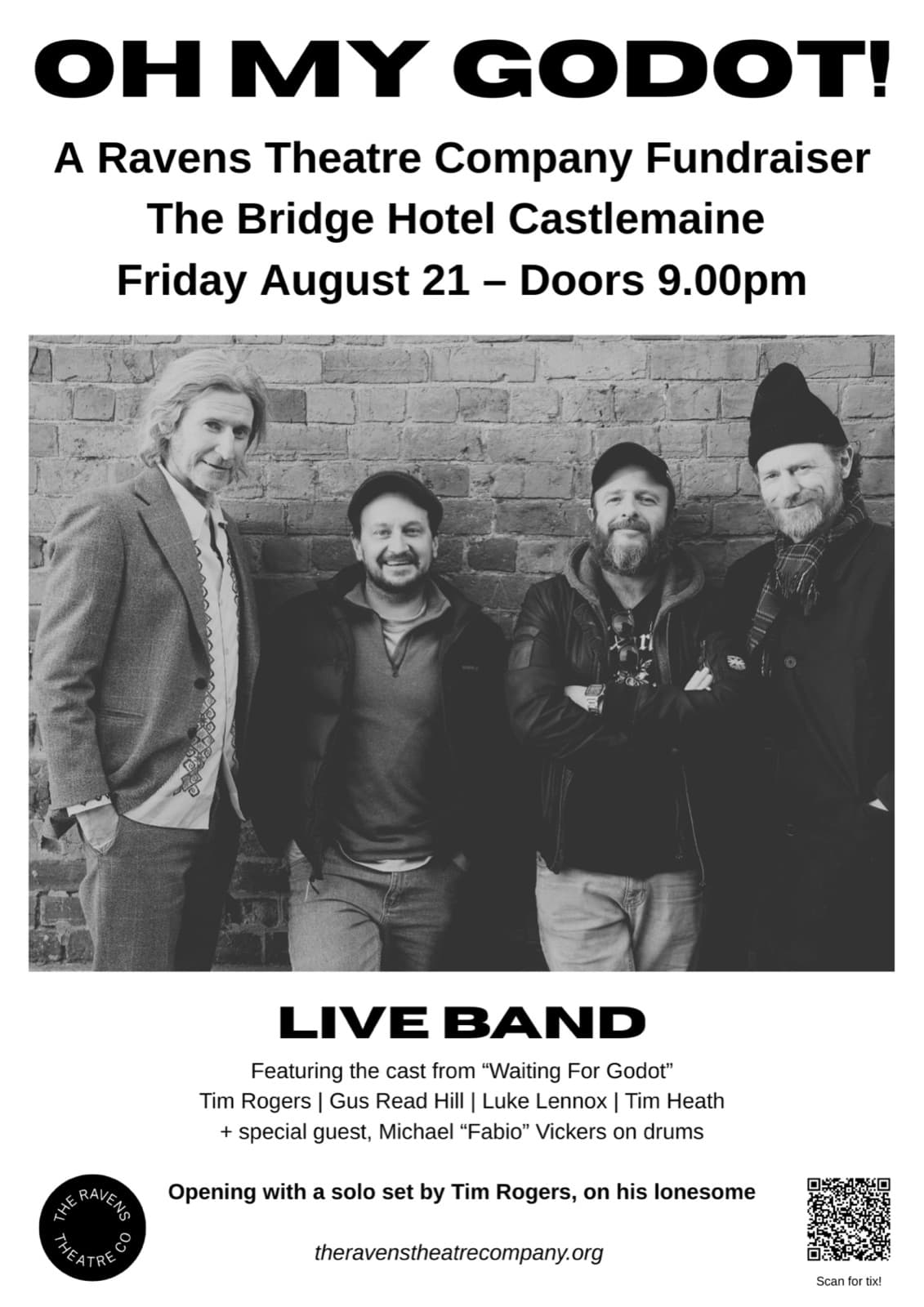Oh My Godot! A Ravens Theatre Company fundraiser at The Bridge Hotel Castlemaine, Friday August 21, doors 9.00pm
