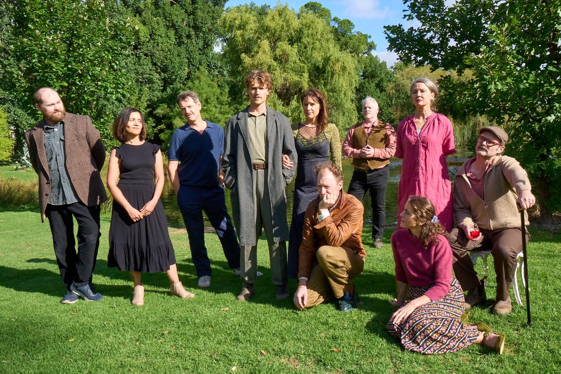 The Seagull cast in front of the lake at Castlemaine's Botanic Gardens