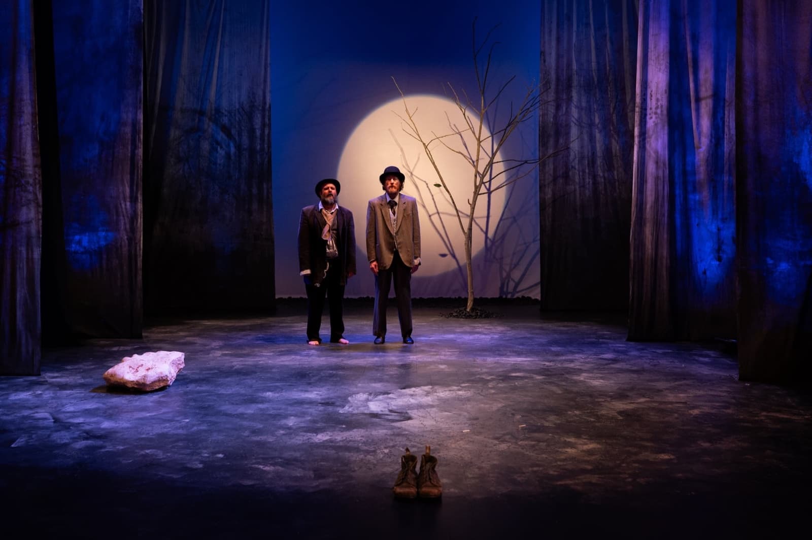Vladimir and Estragon stand centre stage beneath a pale moon and a bare tree
