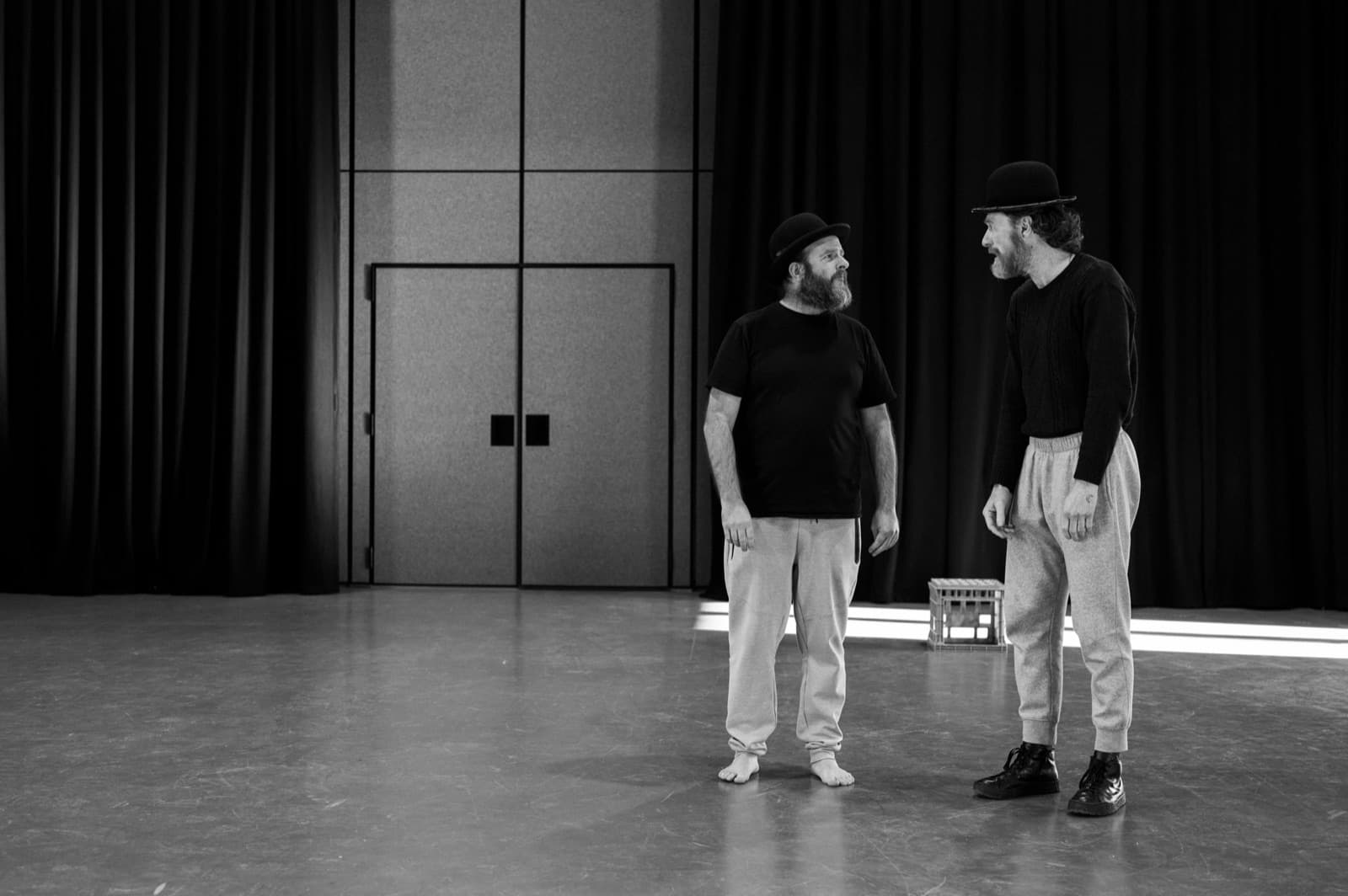 Tim Heath and Angus Read-Hill in bowler hats, rehearsing Waiting for Godot
